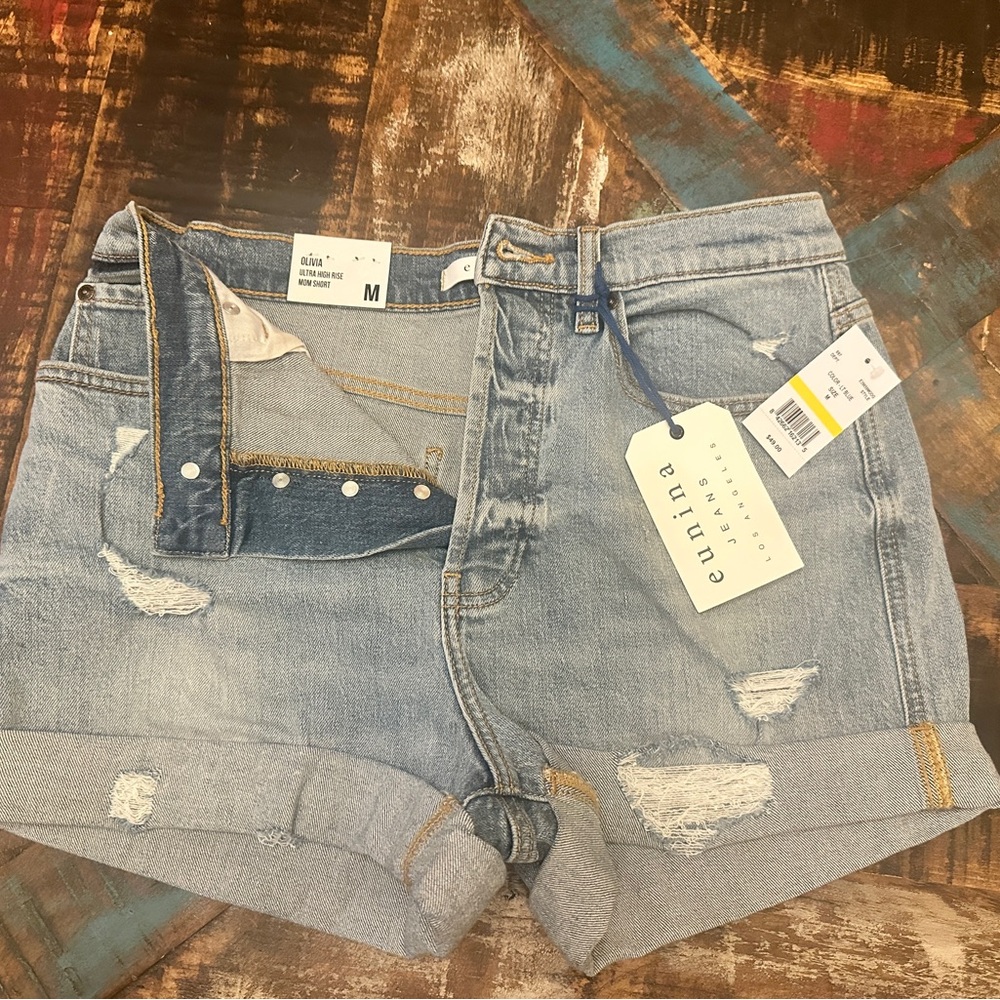 Short Denim Eunina Olivia High Rise Mom Distressed - Light Blue NWT
